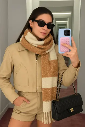 Unisex Premium Yumshoq Buklet Sharf - Karamelli Krem - 4