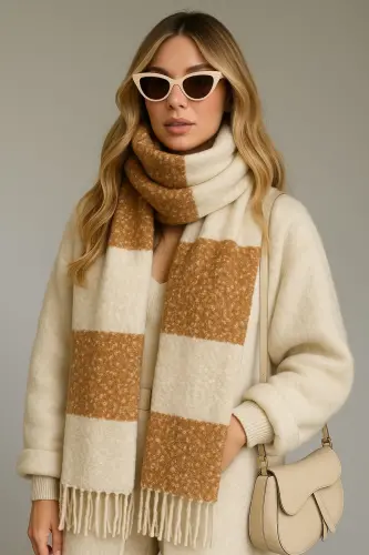 Unisex Premium Yumshoq Buklet Sharf - Karamelli Krem - 6