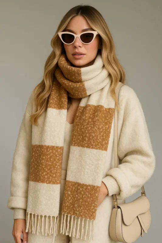 Unisex Premium Yumshoq Buklet Sharf - Karamelli Krem - 6