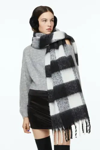 Unisex Premium Yumshoq Buklet Sharf - Qora Oq Kvadrat - 4