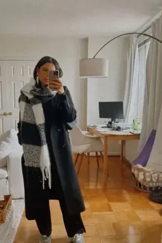 Unisex Premium Soft Buklet Atkı-Siyah Beyaz Kareli - 1