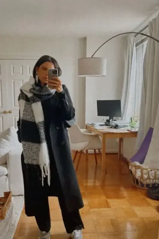 Unisex Premium Soft Buklet Atkı-Siyah Beyaz Kareli - 1