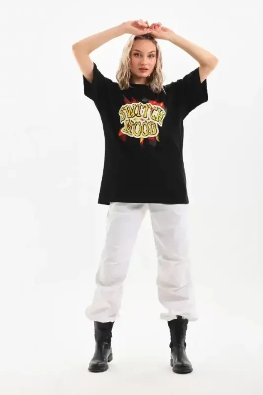 Unisex Printed Oversize T-Shirt - Black - 4