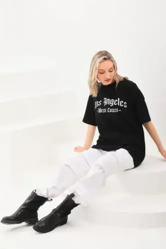 Unisex Printed Oversize T-Shirt - Black - 4
