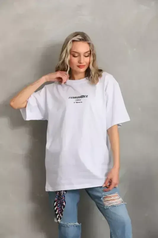Unisex Printed Oversize T-Shirt - White - BÜYÜKBEDENIZ