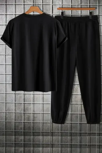 UNISEX Printed Tracksuit - Crew Neck T-shirt & Jogger Sweatpants-BLACK - 3