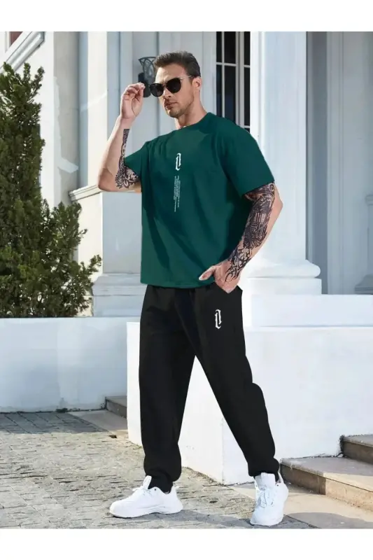 UNISEX Printed Tracksuit - Crew Neck T-shirt & Jogger Sweatpants-GREEN - 1