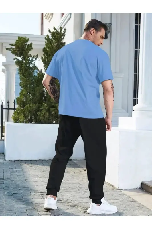 UNISEX Printed Tracksuit - Crew Neck T-shirt & Jogger Sweatpants-LIGHT BLUE - 2