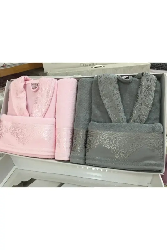 Unisex Pudra Gri Kadın Erkek Aile Bornoz Seti - pudra gri - 2