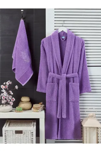 Unisex Purple Terry Cloth Bathrobe Set of 2 - LAVENDER 