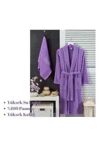 Unisex Purple Terry Cloth Bathrobe Set of 2 - LAVENDER - 3