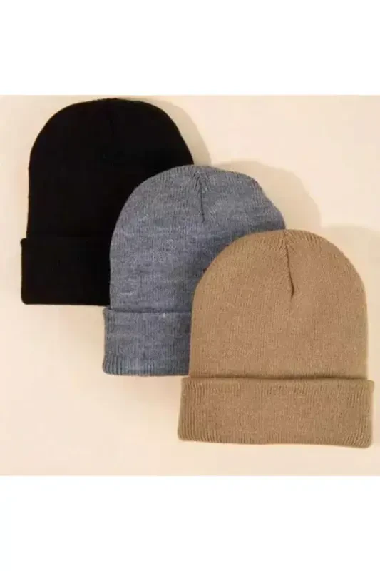 Unisex Qavatlanadigan qora, kulrang, tosh 3 dona shapka to'plami - qora - EKE TEKSTIL