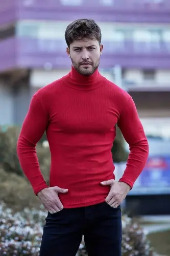 Unisex Qizil Paxta Kashkors Sharshonli Slimfit Bo'yinli Kozok-QIZIL1 - 2