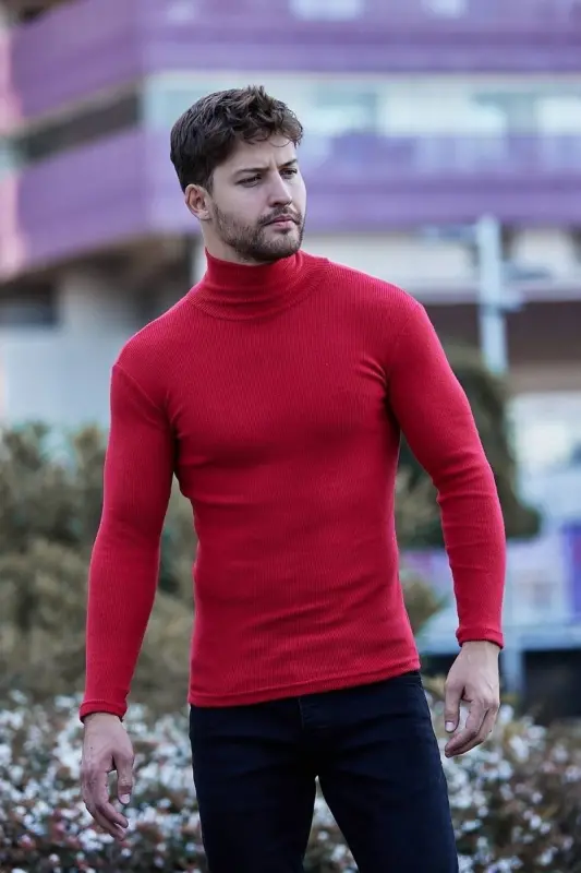 Unisex Qizil Paxta Kashkors Sharshonli Slimfit Bo'yinli Kozok-QIZIL1 - 3