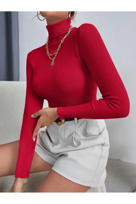 Unisex Qon Qizil Paxta Balıkçı Yaka Şardonlı Slimfit Boğazlı Kazak-Qon Qizil - 2