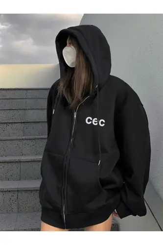 Unisex Qora CEC Bosmali Katta O'lchamli Kapushonli Kardigan-QORA - 3