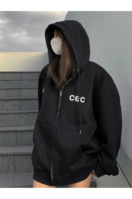 Unisex Qora CEC Bosmali Katta O'lchamli Kapushonli Kardigan-QORA - 3