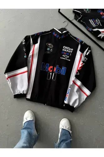 Unisex Qora Oq Ikkita Rang Office Dpt. Bosmali Fermuarli Yomg'ir Palto & Shamollovchi - Qora Oq - 1