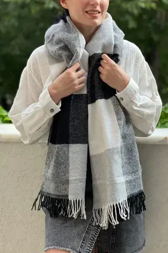 Unisex qora oq katakli uchlari popukli uzun sharf-katakli oq qora - 3