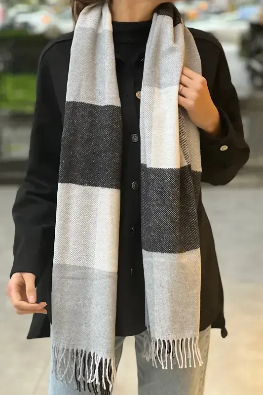 Unisex qora oq katakli uchlari popukli uzun sharf-katakli oq qora - 4