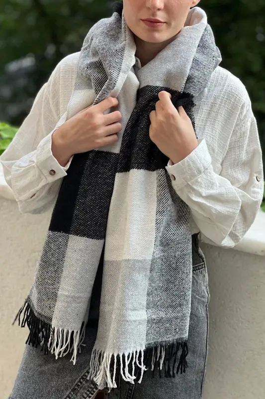 Unisex qora oq katakli uchlari popukli uzun sharf-katakli oq qora - 2