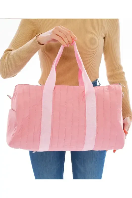 Unisex Quilted Pocketed Long Strap Women's and Men's Travel Fitness and Sports Bag-Pink - 2