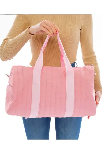 Unisex Quilted Pocketed Long Strap Women's and Men's Travel Fitness and Sports Bag-Pink - 4