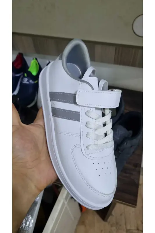 Unisex Rahat Cırt Bant + Bağcık Spor Ayakkabı Günlük Sneaker Model-Beyaz GRI_020 - 1
