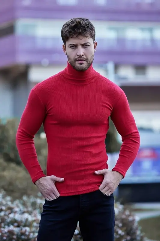 Unisex Red Cotton Ribbed Fleece Lined Slim Fit Turtleneck Sweater-RED1 - 2
