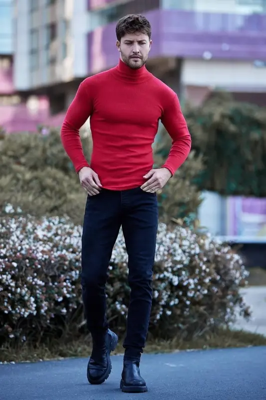 Unisex Red Cotton Ribbed Fleece Lined Slim Fit Turtleneck Sweater-RED1 - 4