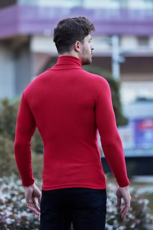 Unisex Red Cotton Ribbed Fleece Lined Slim Fit Turtleneck Sweater-RED1 - 6