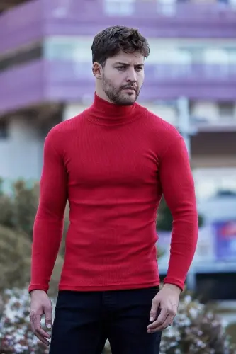 Unisex Red Cotton Ribbed Fleece Lined Slim Fit Turtleneck Sweater-RED1 
