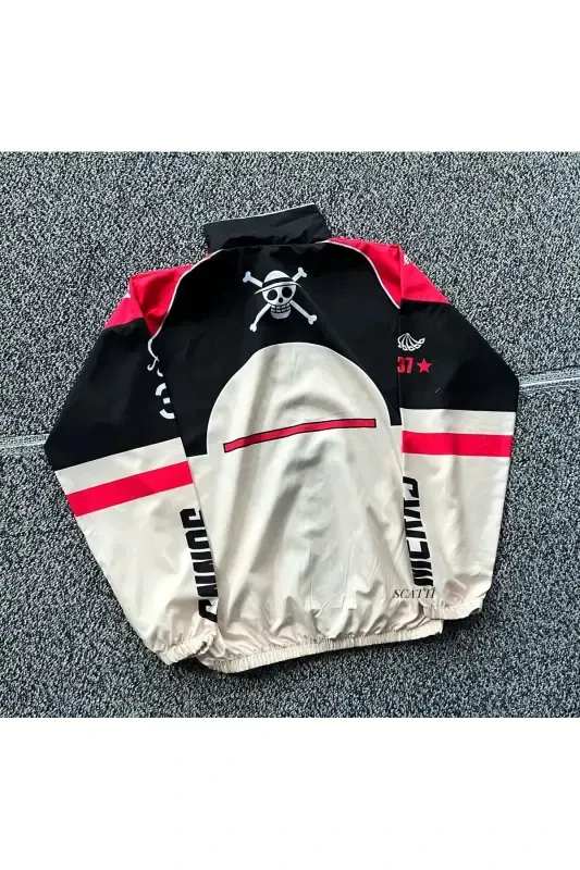 Unisex Red Parachute Fabric STRAW Printed Oversize Full Zipper Raincoat & Windbreaker-Red - 2