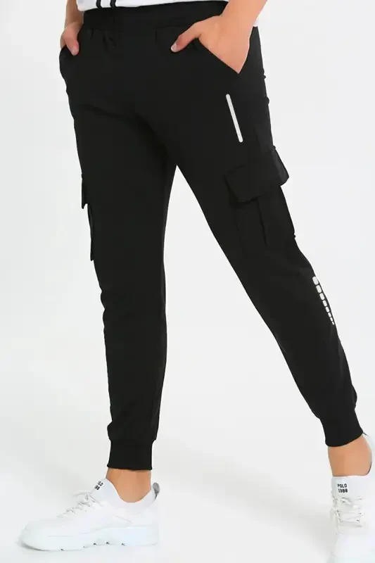 Unisex Reflective Print Detailed Cargo Pocket Sweatpants-Black - Modazone