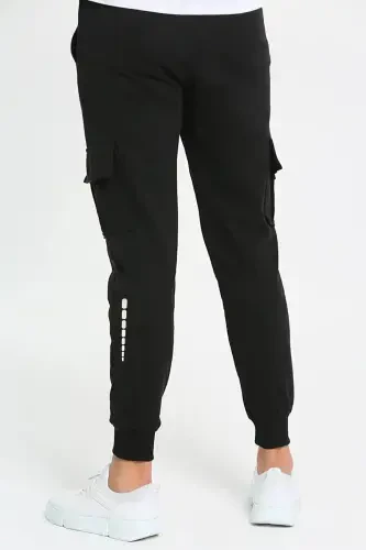 Unisex Reflective Print Detailed Cargo Pocket Sweatpants-Black - 4