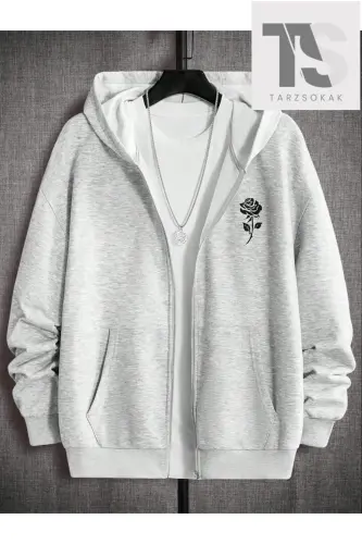 Unisex Rose Sweatshirt Zippered Cardigan-gray rose 