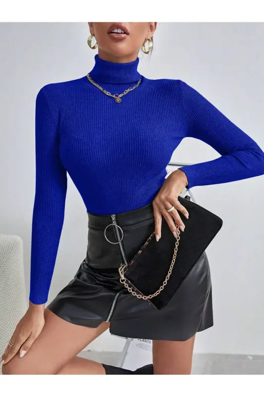 Unisex Saks Mavi Pamuklu Balıkçı Yaka Kaşkorse Şardonlu Slimfit Boğazlı Kazak-Saks Mavi - 4