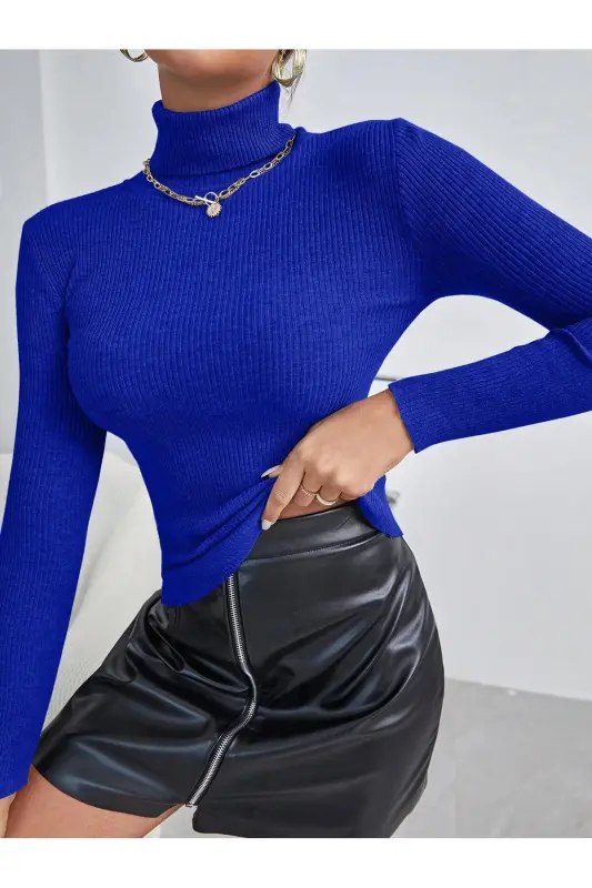 Unisex Saks Mavi Pamuklu Balıkçı Yaka Kaşkorse Şardonlu Slimfit Boğazlı Kazak-Saks Mavi - 6