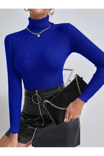 Unisex Saks Mavisi Pamuklu Balıkçı Yaka Kaşkorse Şardonlu Slimfit Boğazlı Kazak-Saks Mavisi - 2