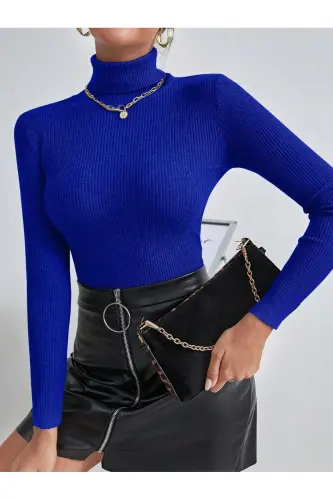 Unisex Sax Blue Cotton Fisherman's Rib Brushed Slimfit Turtleneck Sweater-Sax Blue - 5