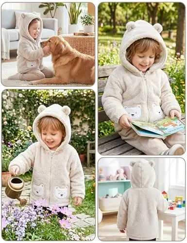 JingleBaBa Unisex Baby Fleece Jacket Winter Sherpa Lined Hoodie For Girls Boys Cute Bear Ear Baby Outerwear 12M-5T - 1