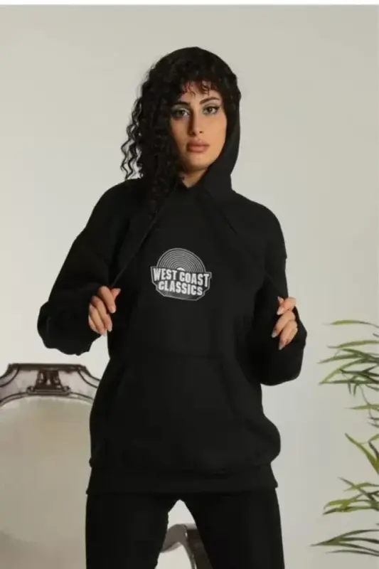 Unisex Sırt Baskılı Kapüşonlu Üç İplik Oversize Sweatshirt - Siyah - BÜYÜKBEDENIZ
