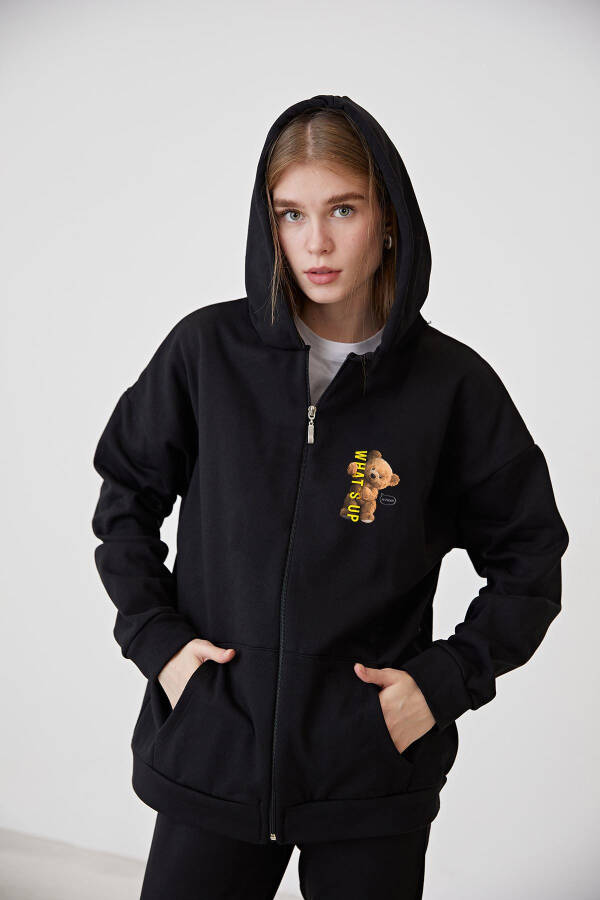 Unisex Siyah Ayıcık Teddy Bear Baskılı Hırka Fermuarlı Kapüşonlu Ceket What's Up Tasarımlı Hırka - Siyah - 3
