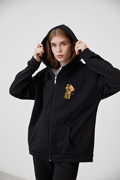 Unisex Siyah Ayıcık Teddy Bear Baskılı Hırka Fermuarlı Kapüşonlu Ceket What's Up Tasarımlı Hırka - Siyah - 5