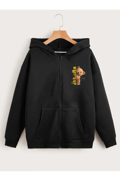 Unisex Siyah Ayıcık Teddy Bear Baskılı Hırka Fermuarlı Kapüşonlu Ceket What's Up Tasarımlı Hırka - Siyah - 6