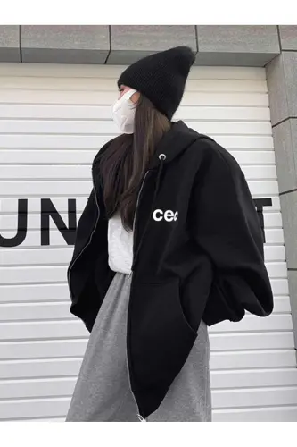 Unisex Siyah CEC Baskılı Oversize Kapüşonlu Hırka-SİYAH - 4