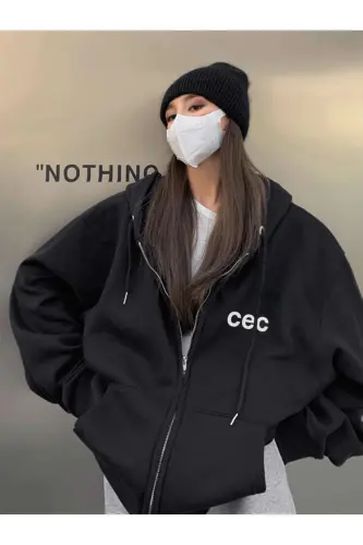 Unisex Siyah CEC Baskılı Oversize Kapüşonlu Hırka - SİYAH 