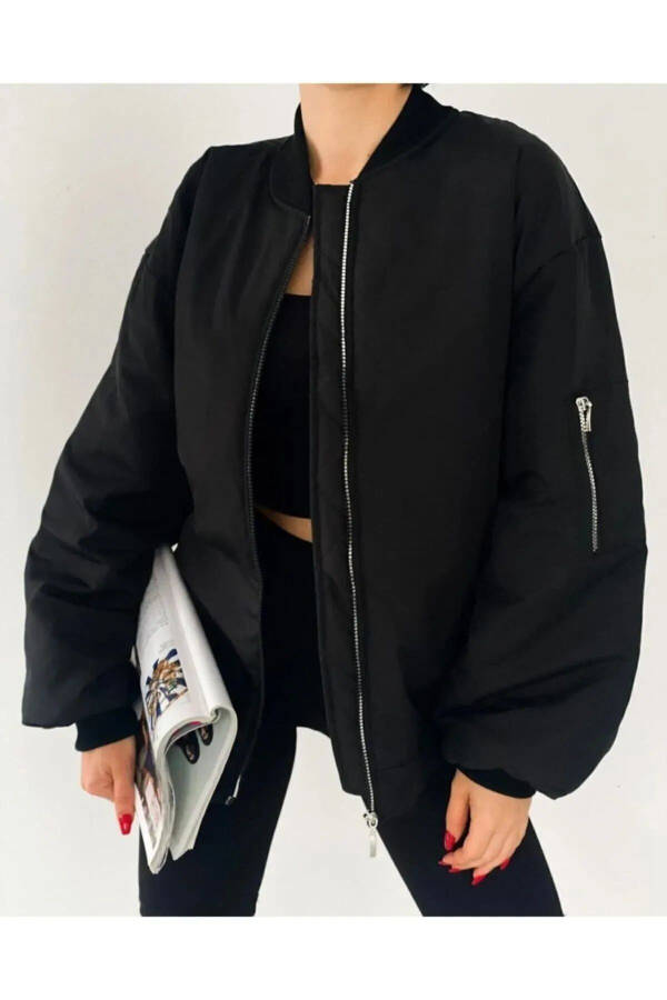 Unisex Siyah Oversize Bomber Ceket - 1