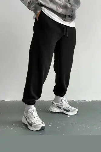 Unisex Siyah Oversize Kesim Lastik Paça Eşofman Altı - siyah-şrd 