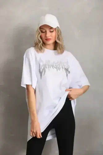 Unisex Stone Patterned Oversize T-Shirt - White - 1